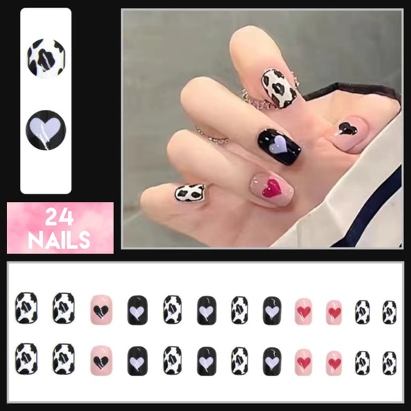 Acrylic Short Square Tip Hearts Cow Print Manicure Red Black Nails Professional - Picture 2 of 6